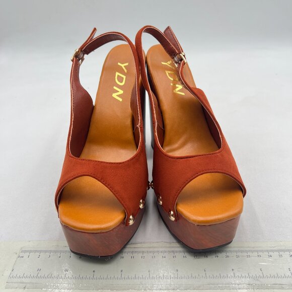 YDN Brown Rivet Studded Platform Chunky High Heeled Sandal Slingback Buckle Shoe - Picture 3 of 8
